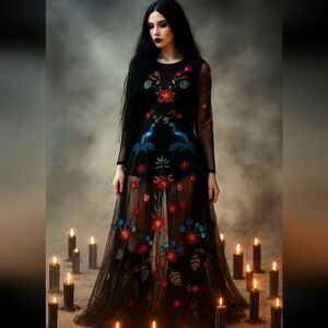 L'ATISTE Maxi Dress Black Colorful Embroidery Mesh Neck Whimsigoth Party Sz S
